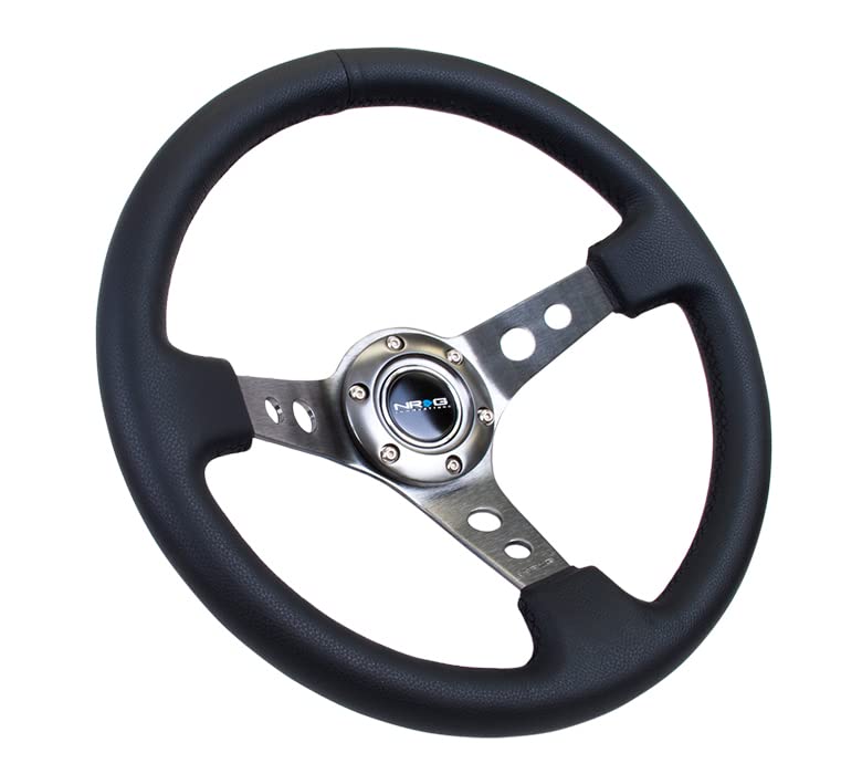 NRG Innovations Reinforced NRG-RST-006GM Steering Wheel - 350mm Sport Steering Wheel (3" Deep) - Gun Metal Spoke with Round holes, Black Leather
