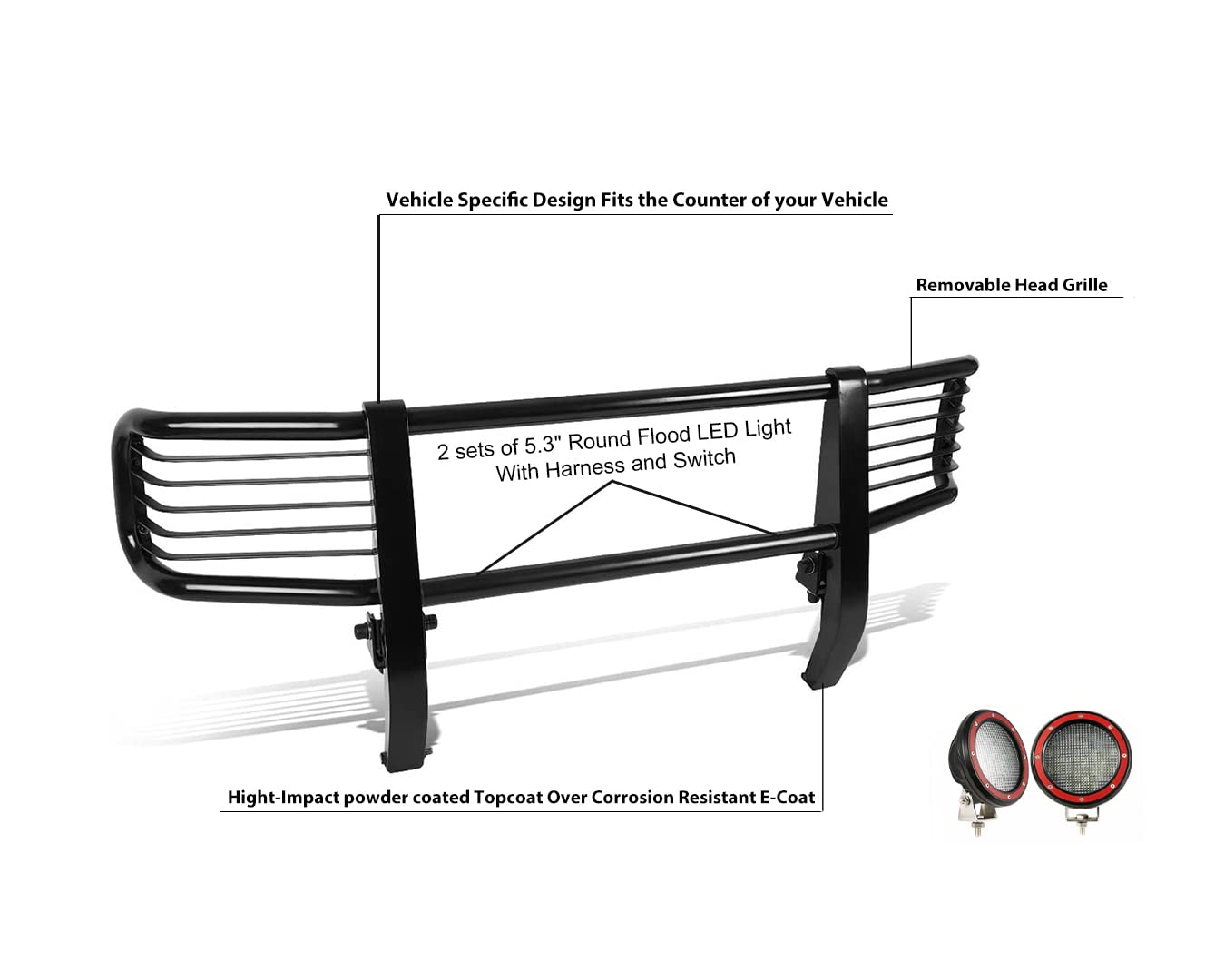 Bumper Guard Modular Black Black Horse Grille brush Come With Pair of 5.3"Dia.LED Lights with Red Trim Rings Compatible with 2003-2010 Mercedes-Benz G55 AMG|1999-2010 Mercedes-Benz G500-PGBZA008A-PLFR