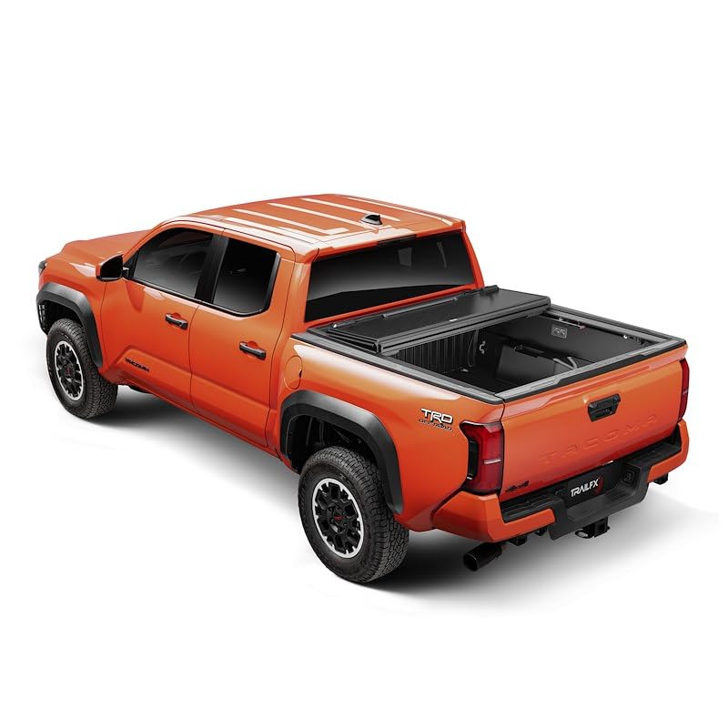 Toyota Tacoma Hard Tri-Fold Tonneau Cover Fits 6 Foot Bed 2024-2025 Lockable 3 Panel Folding Gloss Black Powder Coated Aluminum Low Profile Truck Bed Cover TrailFX TFX8014