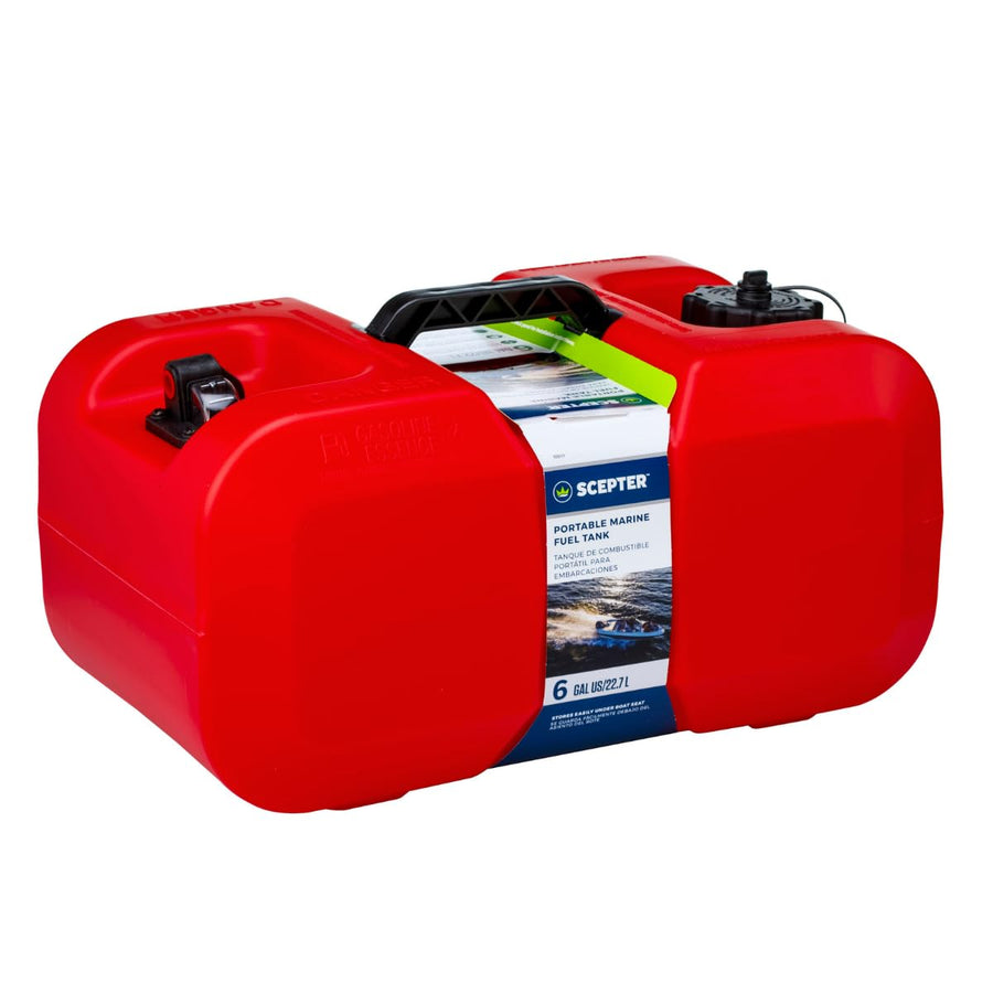 6 Gallon Scepter Portable Marine Gas Can, Boat Fuel Tank with 2-Way Vented Cap, Built-In Fuel Gauge and Pick-Up, Top Handle, EPA & CARB Compliant, Underseat Design, 19.3"L x 12.2"W x 10.2"H (10511)