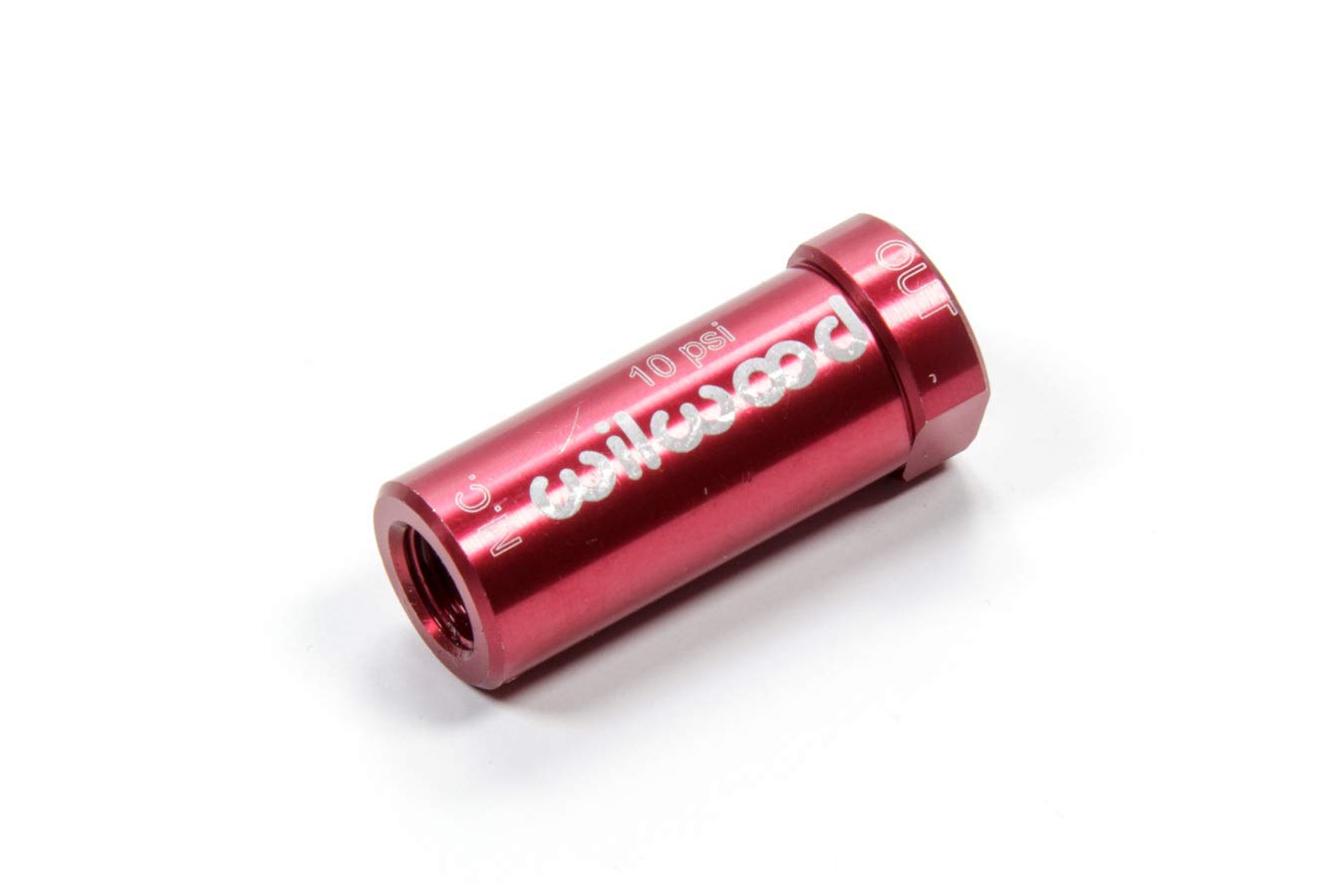 Wilwood Compact Residual Pressure Valve, 10 lb, 1/8 in NPT Inlet, 1/8 in NPT Outlet, 1.600 in Long, Aluminum, Red Anodized, Drum Brake, Each