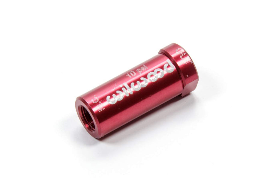 Wilwood Compact Residual Pressure Valve, 10 lb, 1/8 in NPT Inlet, 1/8 in NPT Outlet, 1.600 in Long, Aluminum, Red Anodized, Drum Brake, Each