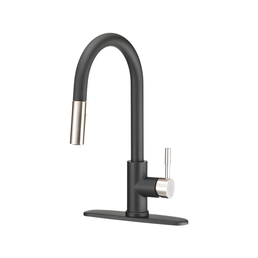 Dura Faucet Streamline RV Single Handle Pull-Down Kitchen Sink Faucet - Optional Deck Plate (Matte Black/Satin Nickel)
