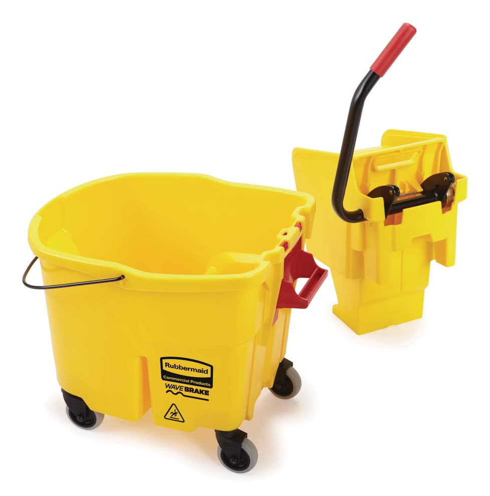 Rubbermaid Commercial Products 35 Qt. WaveBrake Side-Press Mop Bucket and Wringer Combo on Wheels Yellow for Professional/Industrial/Business Heavy-Duty Floor Cleaning/Mopping