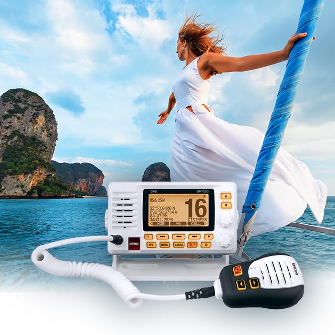 Marine VHF Radio Uniden UM725G, All USA, Canada, and Intl. Marine Channels, 1Watt/25Watt Transmit Power, Largest LCD Screen in Class, NOAA Weather Channels w/Alerts, Speaker Mic, GPS Built-in.