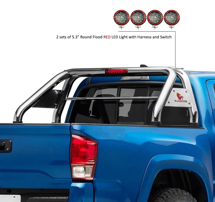Classic Black Horse Roll Bar Incl. Set of 5.3" Dia.led Lights w/Red Trim Rings Stainless Steel Compatible with 2017-2022 Titan|2000-2010 Dodge Ram 3500|2011-2022 Ram 3500/Ram 2500|2007-2024 Tundra