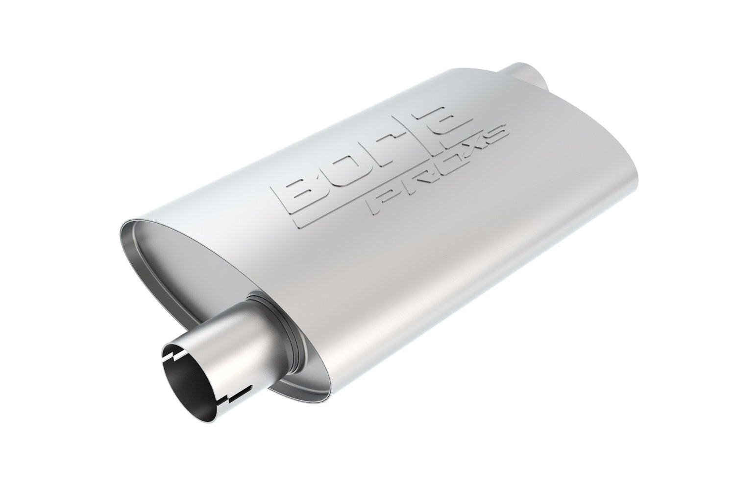 BORLA ProXS 400490 Muffler 2.5" Offset Inlet/ 2.5" Offset Outlet, 4" x 9.5" Oval, 14" Long Body, 19" Overall Length. Universal Part. Reversible Design. Notched Necks.