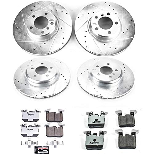 Power Stop K7547-26 Z26 Carbon Fiber Brake Pads Front and Rear with Drilled & Slotted Brake Rotors Kit and 1 Front & 1 Rear Sensor Wires