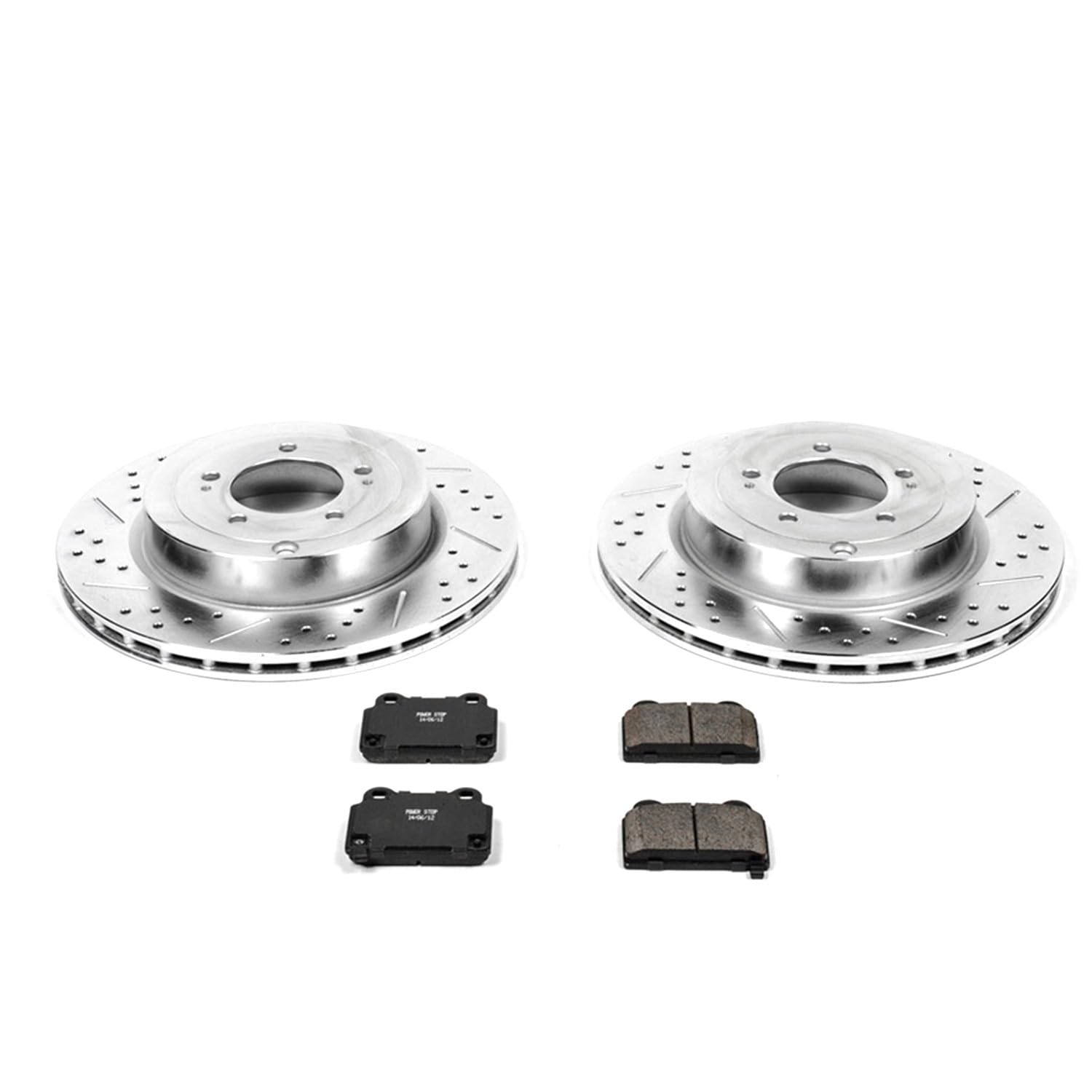 Rear Power Stop K4741 Z23 Carbon Fiber Brake Pads with Drilled & Slotted Brake Rotors Kit For Mitsubishi Lancer 2008-2015 [Model Specific]