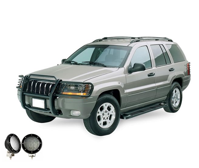 Grille Brush Black Horse Bumper Guard Modular Come with Pair of 5.3" Dia.LED Lights with Black Trim Rings Compatible with 1999-2004 Jeep Grand Cherokee-17EB26MA-PLFB