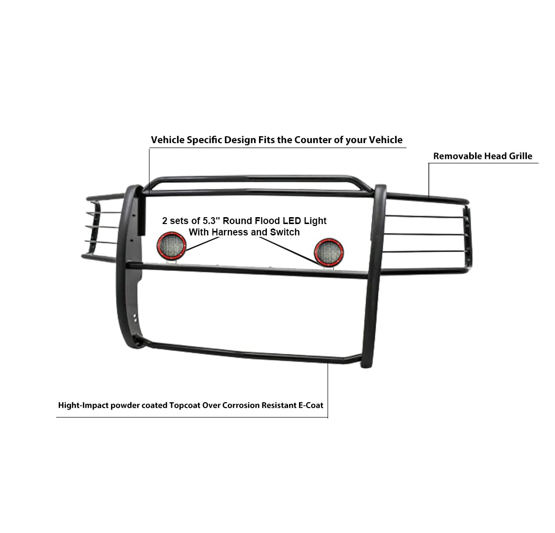 Bumper Guard Black Horse Grille brush Modular Come With Pair of 5.3" Dia.LED Lights with Red Trim Rings Compatible with 2001-2012 Ford Ranger Edge|2001-2012 Ford Ranger-17FR20MA-PLFR