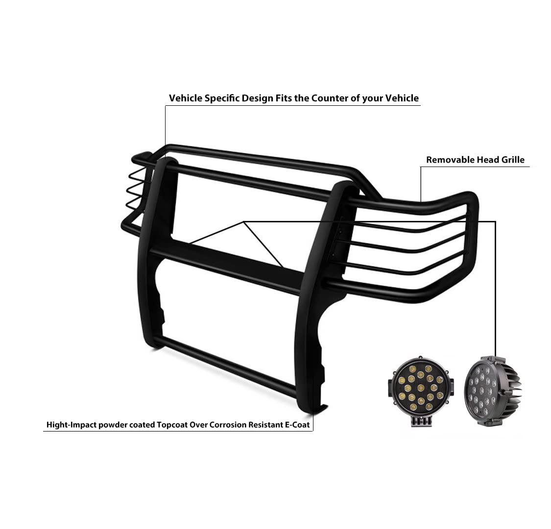 Bumper Guard Modular Black Horse Grille brush Come With pair of 7.0"Dia.LED Lights with Black Trim Rings Compatible with 1996-1998 Toyota 4Runner|1998-2000 Toyota Tacoma-17T80202MA-PLB