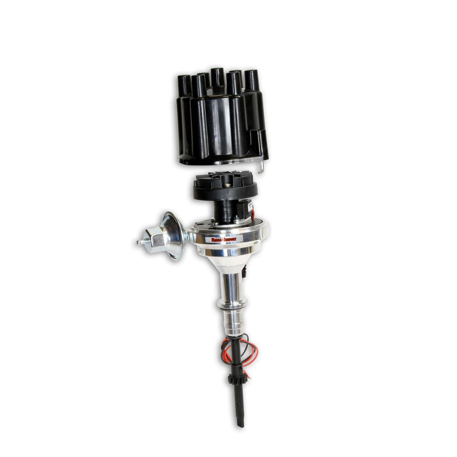 FLAME-THROWER PERTRONIX BILLET DISTRIBUTOR WITH IGNITOR ELECTRONICS FOR CHEVY CORVAIR VACUUM ADVANCE WITH BLACK FEMALE STYLE CAP