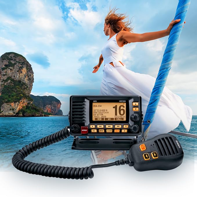 Marine VHF Radio Uniden UM725GBK, All USA, Canada, and Intl. Marine Channels, 1Watt/25Watt Transmit Power, Largest LCD Screen in Class, NOAA Weather Channels w/Alerts, Speaker Mic, GPS Built-in.