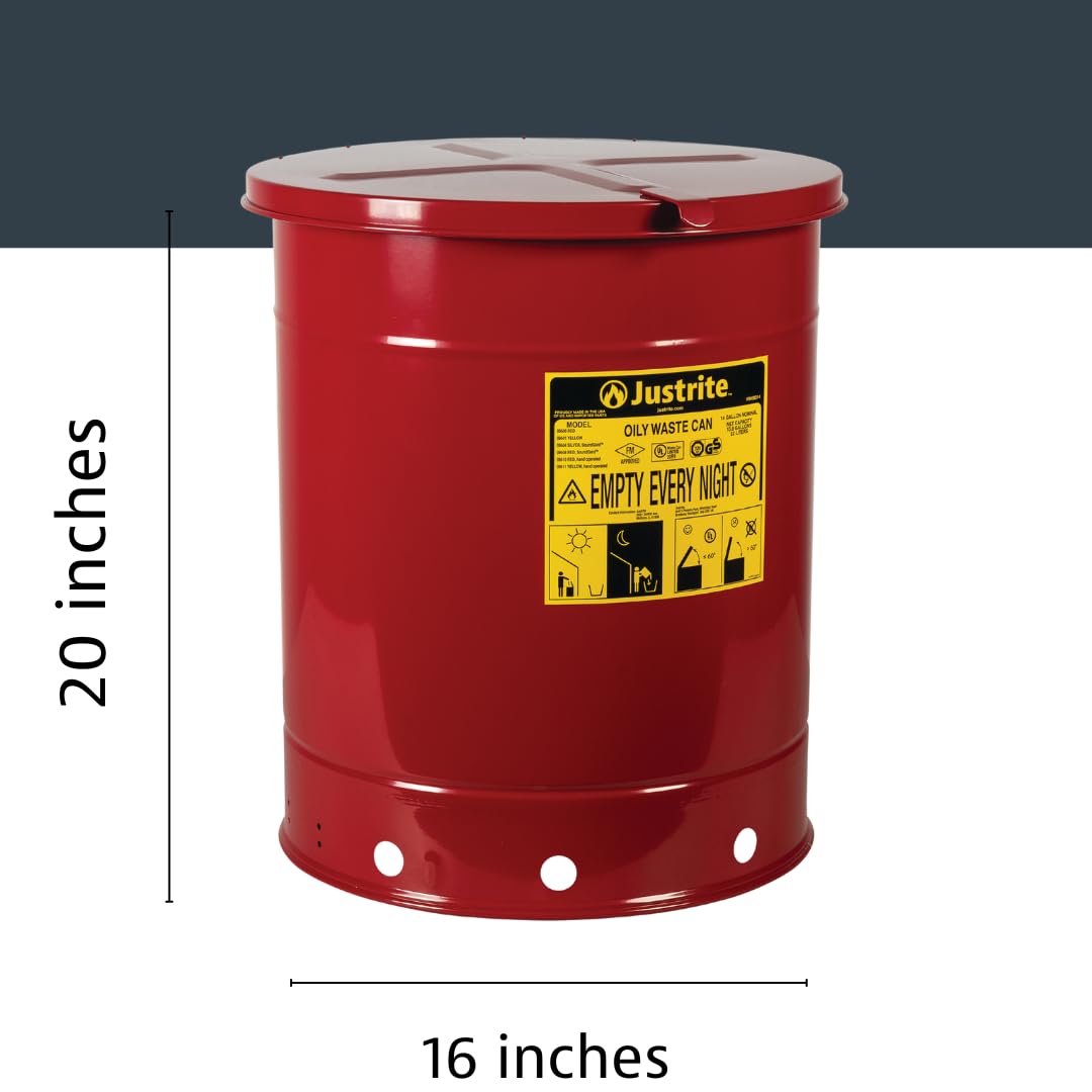 14 Gallon Justrite Galvanized Steel Oily Waste Can, 20" x 16" Metal Oil Rag Safety Can with Hand Operated Self-Closing Lid for Oil Rag Disposal, Made in The USA, Red, 09510