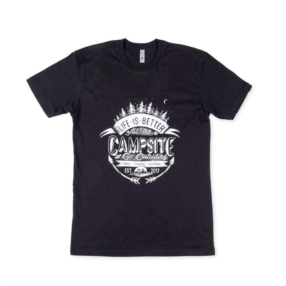 Camco Crew Neck Life is Better at The Campsite Short Sleeve T-Shirt | Features Soft Jersey Fabric, Life is Better at The Campsite RV Chalk Emblem on Black, and is Machine Washable | Large (53432)