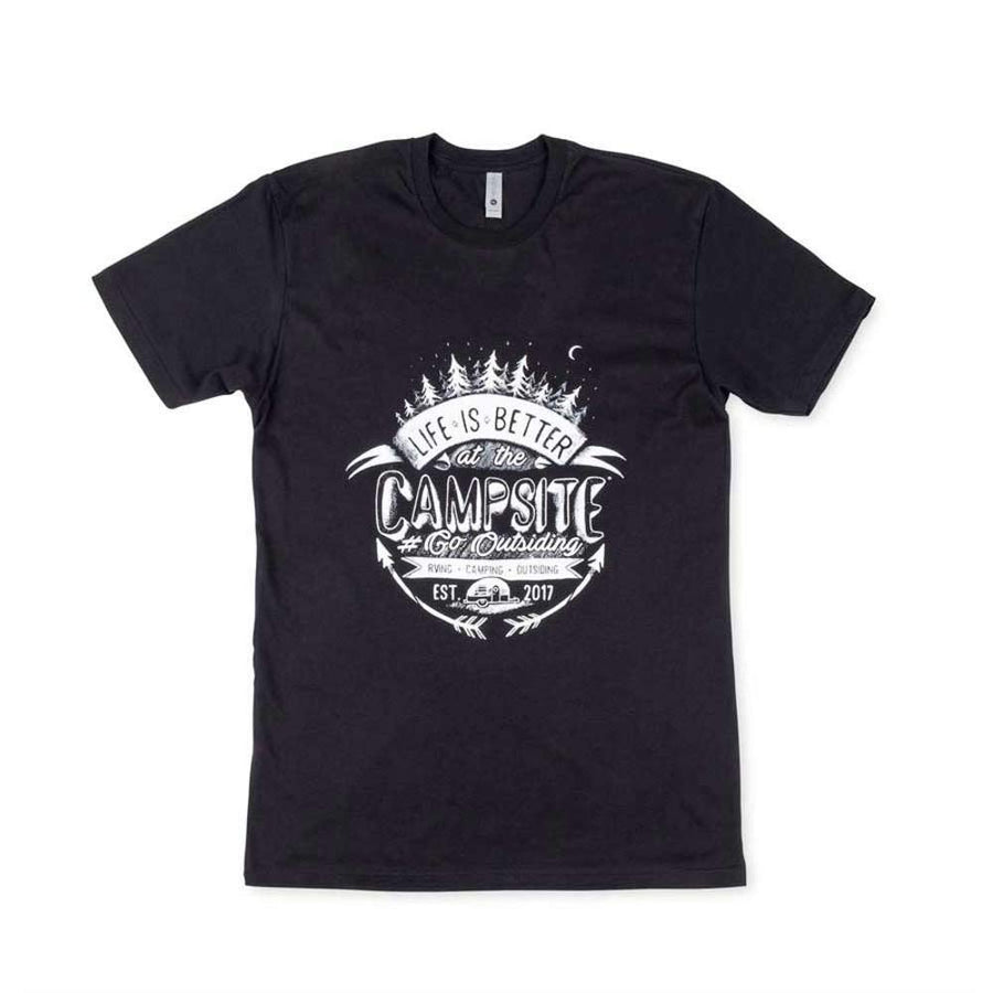 Camco Crew Neck Life is Better at The Campsite Short Sleeve T-Shirt | Features Soft Jersey Fabric, Life is Better at The Campsite RV Chalk Emblem on Black, and is Machine Washable | X-Large (53433)
