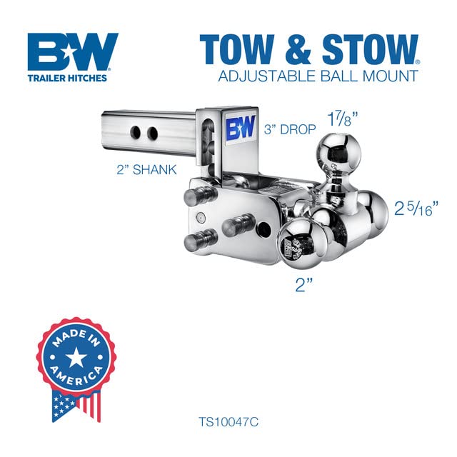 B&W Trailer Hitches Tow & Stow Chrome Adjustable Trailer Hitch Ball Mount - Fits 2" Receiver, Tri-Ball (1-7/8" x 2" x 2-5/16"), 3" Drop, 10,000 GTW - TS10047C
