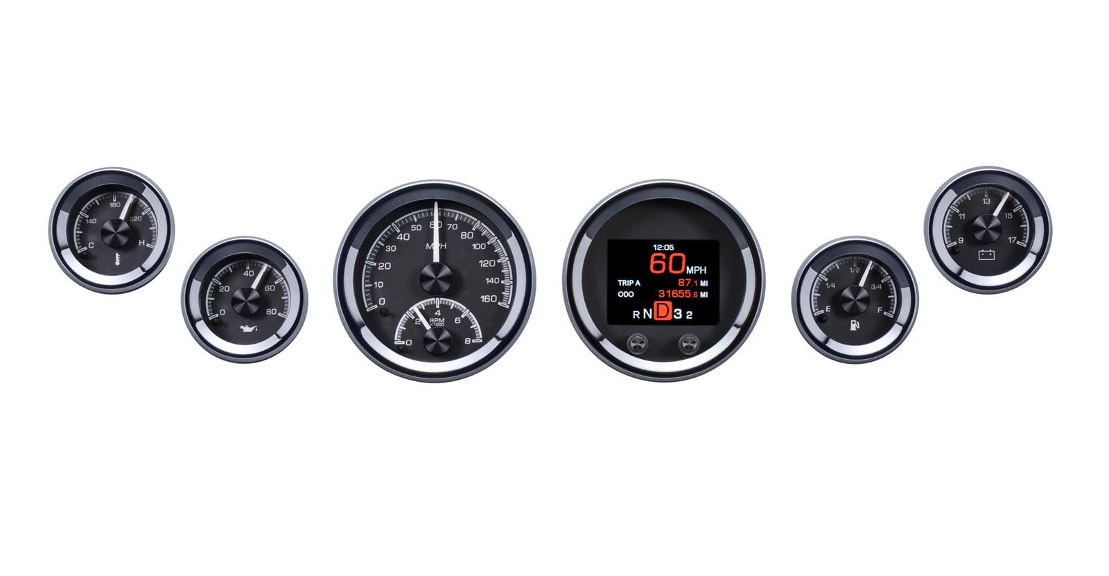 Dakota Digital HDX-2060-K 6 Gauge Universal Round Analog HDX Instrument System Black Alloy