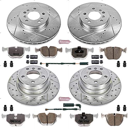 Power Stop K5718-26 Z26 Carbon Fiber Brake Pads Front and Rear with Drilled & Slotted Brake Rotors Kit and 1 Front & 1 Rear Sensor Wires For BMW X5 2000-2006 [Model Specific]