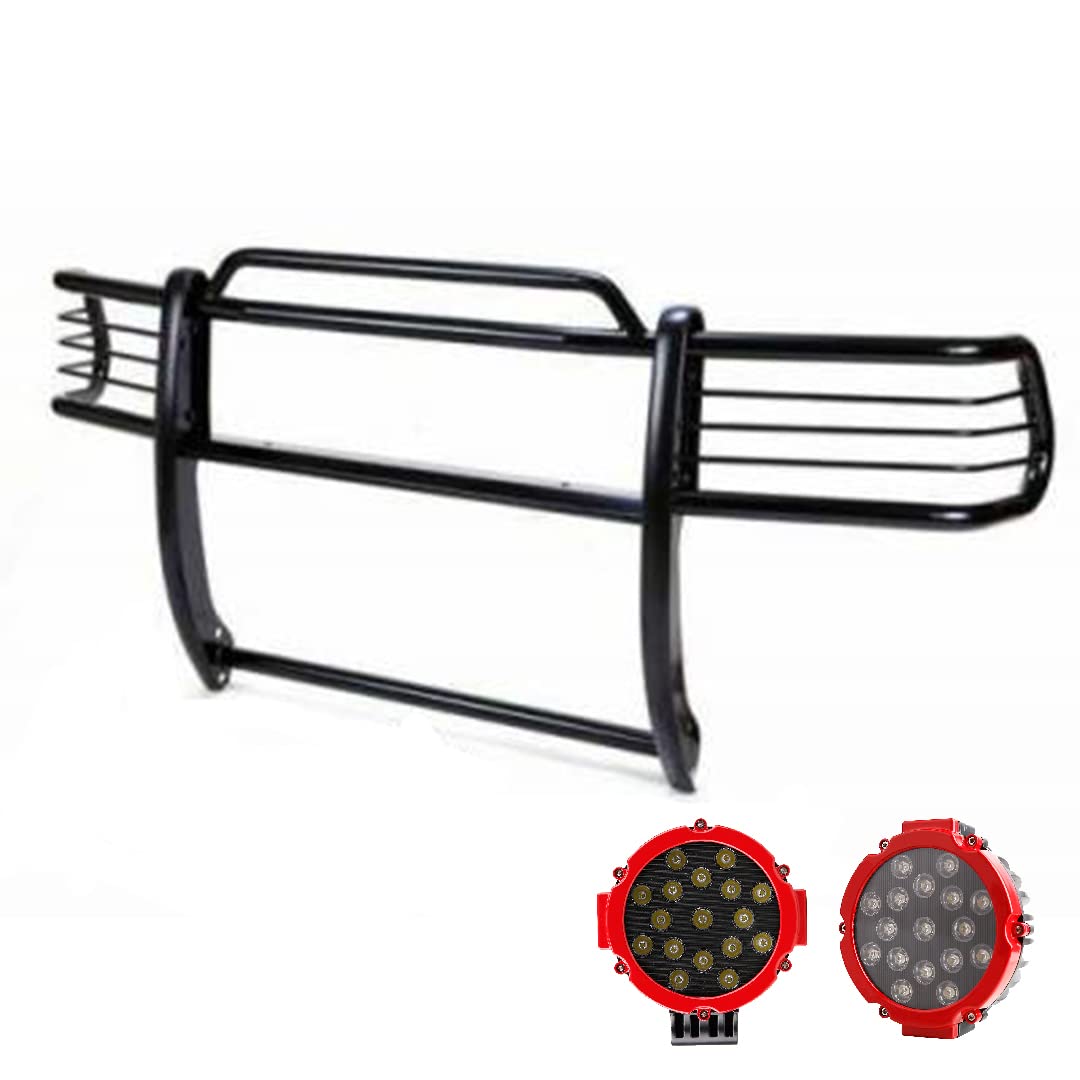 Grille Brush Black Horse Bumper Guard Modular Black Come with Pair of 7.0" Dia.LED Lights with Red Trim Rings Compatible with 1999-2004 Jeep Grand Cherokee-17EB26MA-PLR