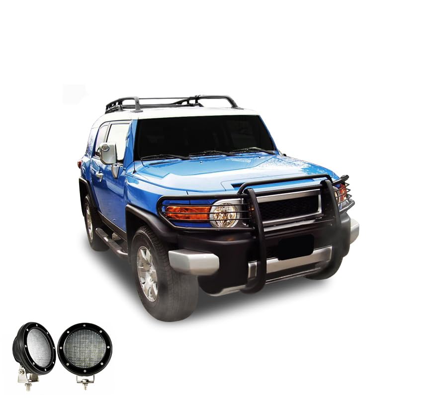 Grille Brush Black Horse Bumper Guard Modular Black Come with Pair of 5.3" Dia.LED Lights with Black Trim Rings Compatible with 2007-2014 Toyota FJ Cruiser-17A098600MA-PLFB