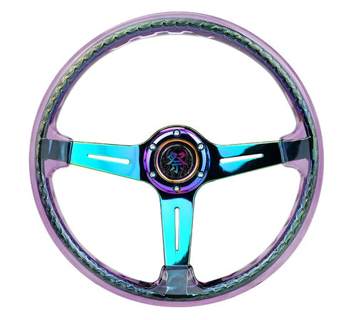 NRG Innovations Reinforced Steering Wheel NRG-RST-027MC-PP 350mm 2" Deep Dish Clear Acrylic Steering Wheel in Purple and NeoChrome Spoke Finish with Slits