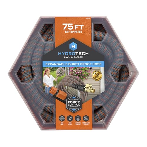 75 ft HydroTech Expandable Garden Hose - Burst Proof & Lightweight, Flexible Water Hose with Durable Reinforced Latex Core & Solid Brass Fittings for Lawn, Garden, Car Washing