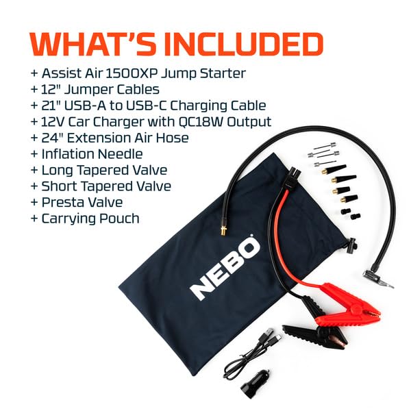 NEBO 1500XP Assist AIR Jump Starter and Air Compressor | 44.4Wh Power Supply Box Restarts 12V Battery Vehicles, 150 PSI Air Compressor Inflates Tires, Integrated Floodlight, USB Ports, TSA Approved