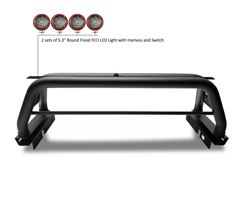 Classic Black Horse Roll Bar Incl. Set of 5.3" Dia.LED Lights w/Red Trim Rings Compatible with 2005-2021 Nissan Frontier-RB007BK-PLFR