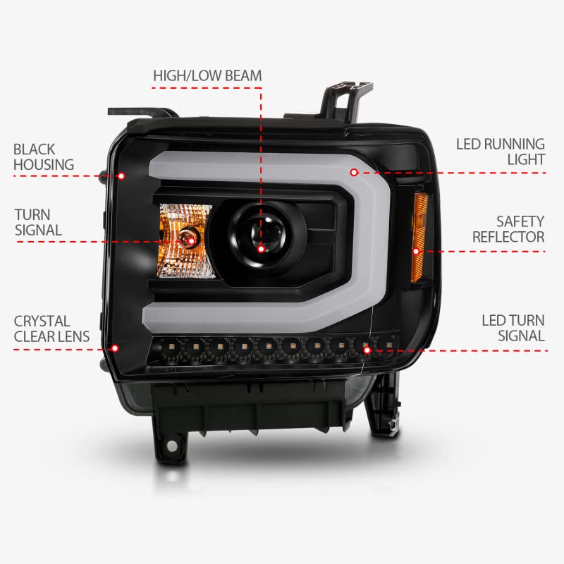 2014-2015 GMC Sierra 1500 ANZO (111513) Projector Headlights w/Light Bar Black Housing (Halogen Type)