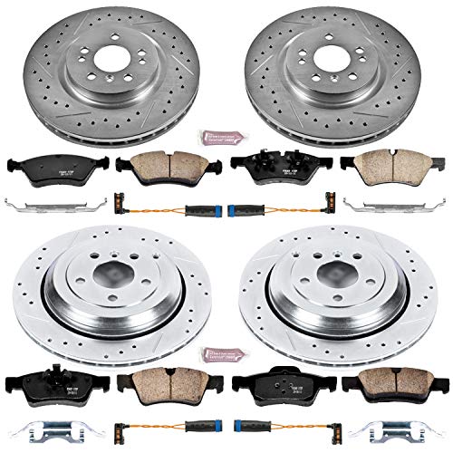 Power Stop K4085 Z23 Carbon Fiber Brake Pads with Front and Rear Drilled & Slotted Brake Rotors Kit