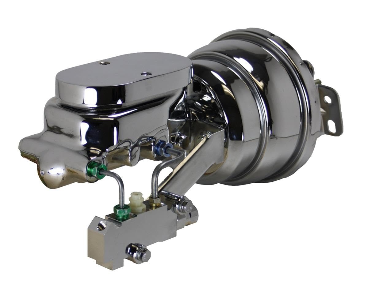 7 Inch LEED BRAKES Dual Power Booster, 1-1/8 Inch Bore Flat Top Master, Side Mount Valve, Disc/Drum (Chrome)