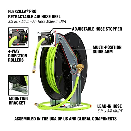 Flexzilla Pro Retractable Dual Arm Open Face Air Hose Reel, 3/8 in. x 50 ft., Heavy Duty, Lightweight, Hybrid, ZillaGreen - L8711FZ