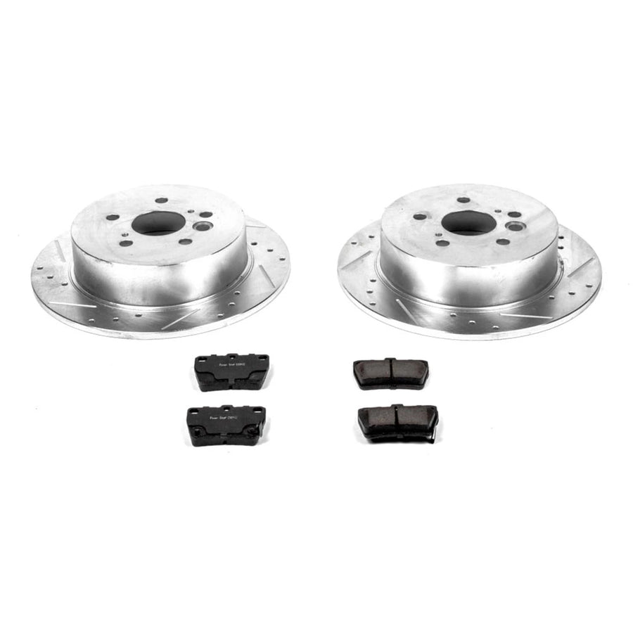 Rear Power Stop K3028 Z23 Carbon Fiber Brake Pads with Drilled & Slotted Brake Rotors Kit For Toyota RAV4 2004-2005 [Model Specific]