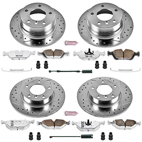 Power Stop K591-26 Z26 Carbon Fiber Brake Pads Front and Rear with Drilled & Slotted Brake Rotors Kit and 1 Front & 1 Rear Sensor Wires For BMW 318ti 1995-1999 [Model Specific]