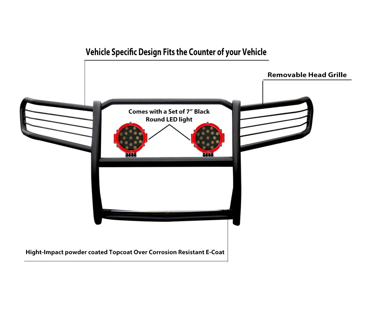 Black Horse Grille Brush Bumper Guard Black Modular Come with Pair of 7.0" Dia.LED Lights with Red Trim Rings Compatible with 2009-2015 Honda Pilot-17H151400MA-PLR
