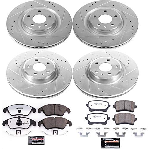 Power Stop K6143-26 Z26 Carbon Fiber Brake Pads Front and Rear with Drilled & Slotted Brake Rotors Kit and 1 Front Sensor Wire For Audi Q5, Audi S4, Audi S5 [Model Specific]