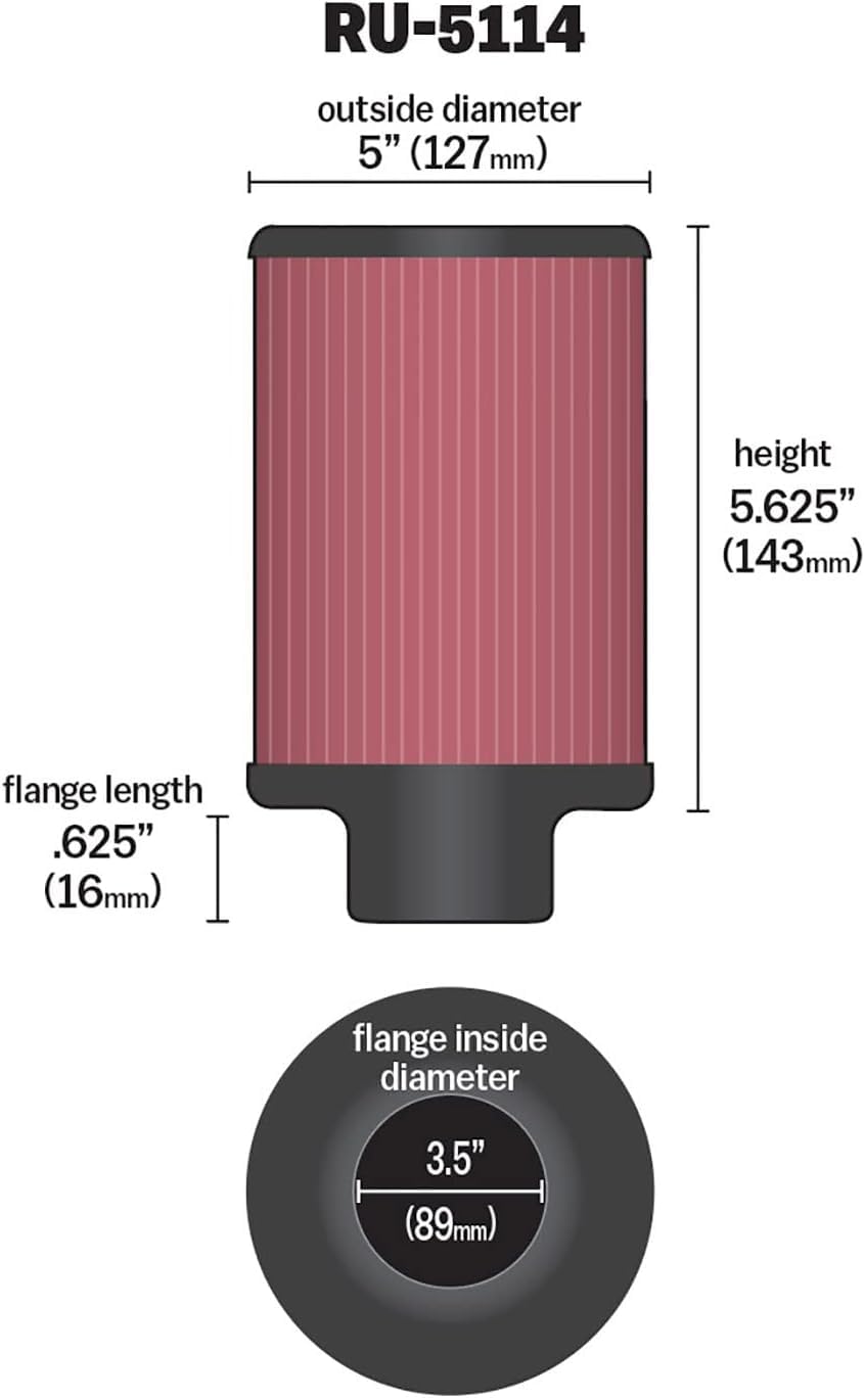 High-Flow K&N Original Lifetime Universal Clamp-On Air Filter: High Performance, Premium, Washable: Flange Diameter: 3 In, Filter Height: 3 In, Flange Length: 0.625 In, Shape: Round, RU-2420