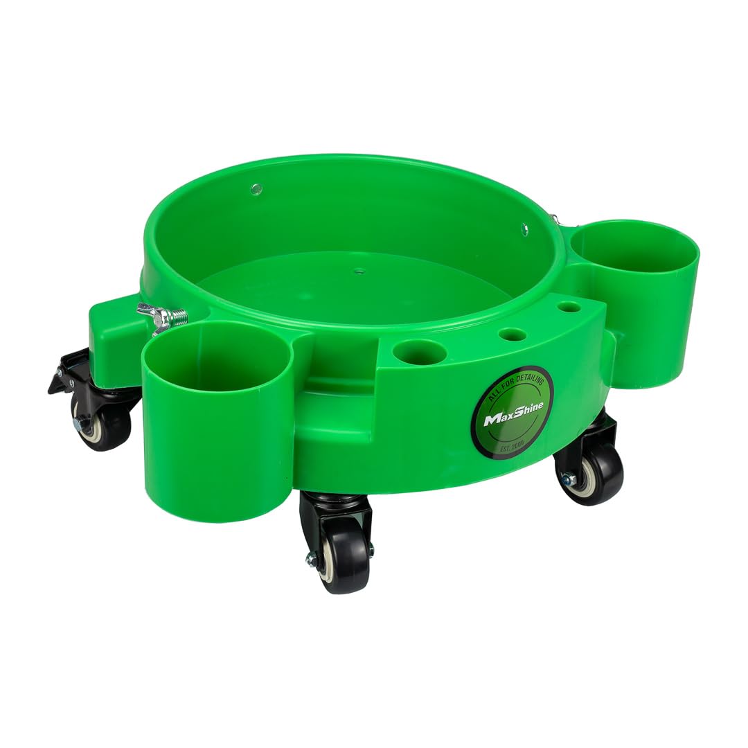 Maxshine Rolling Utility Cart Bucket Dolly, 5-Gallon, Green, Polypropylene, 5 Wheels, Tool Organizer | 360° Mobility, Stable Cleaning Supply Storage for Detailing and Workshop Use