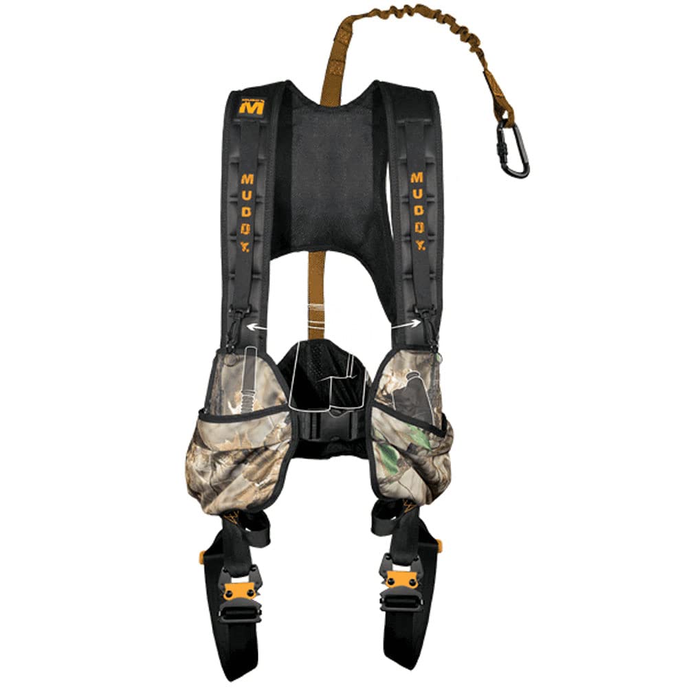 Muddy Tree Stand Hunting Safety Systems Lightweight Padded Nylon Quick-Release Crossover Harness Combo, Large