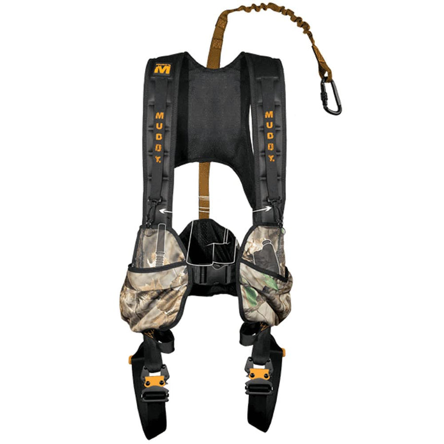 Muddy Tree Stand Hunting Safety Systems Lightweight Padded Nylon Quick-Release Crossover Harness Combo, X-Large