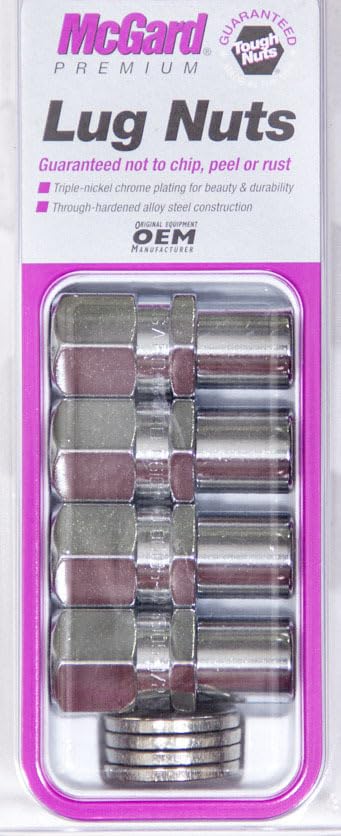 McGard Premium Lug Nut, 12 mm x 1.50 Right Hand Thread, 13/16 in Hex Head, 0.746 in Shank, Open End, Washers Included, Steel, Chrome, Set of 4