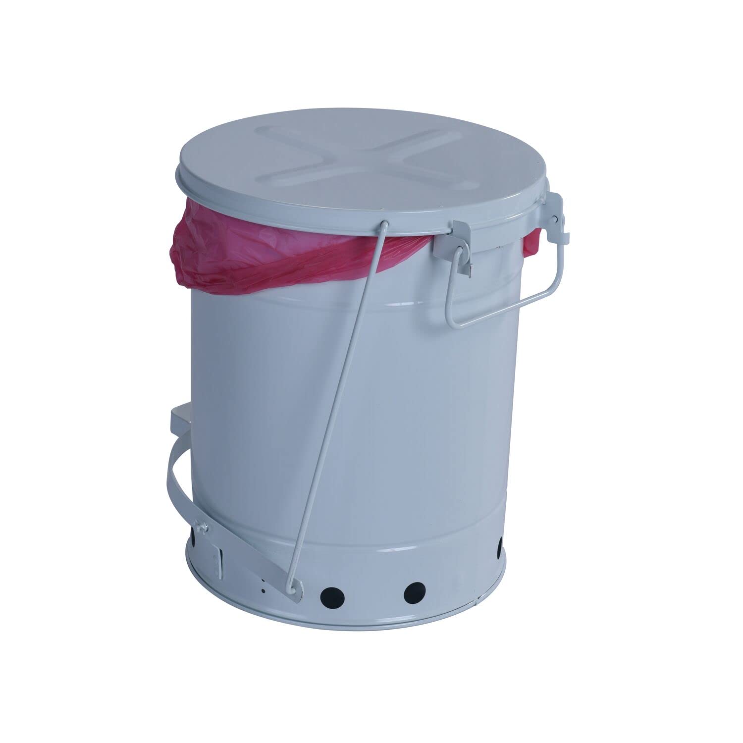 SoundGuard Justrite 05915 Steel Biohazard Waste Container with Foot Operated Cover, 6 Gallon Capacity, 11-7/8" OD x 15-7/8" Height, White