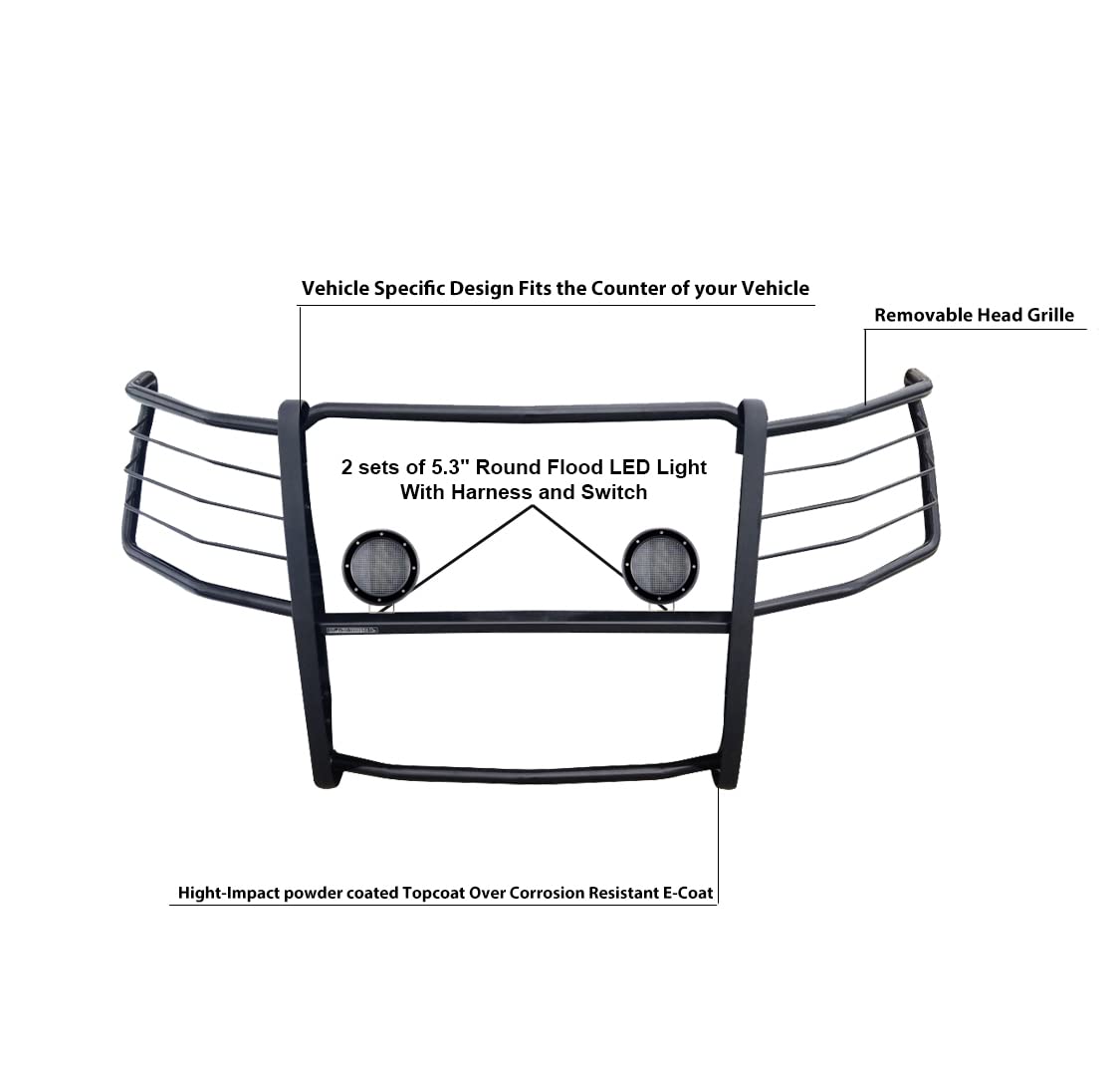 Bumper Guard Black Horse Grille Brush Modular Black Come with Pair of 5.3" Dia.LED Lights with Black Trim Rings Compatible with 2019-2021 Silverado 1500|2022-2022 Silverado 1500 LTD -17GT29MA-PLFB