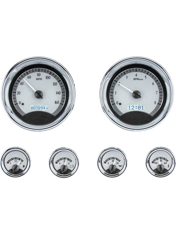 Dakota Digital 6 Round Universal Dash Gauge System, Silver Alloy Style, White Backlighting - VHX-1024-S-W
