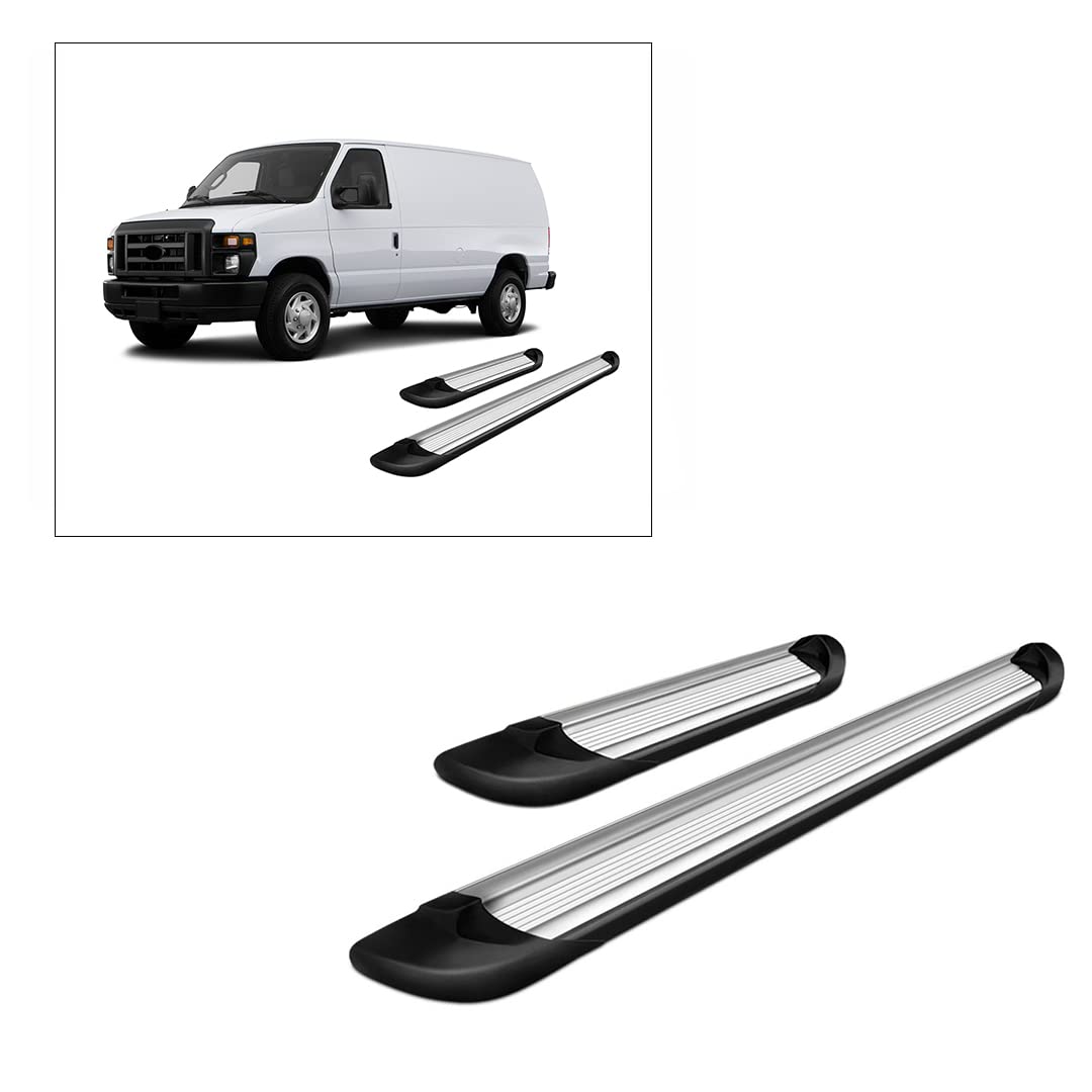 Transporter Running Boards Black Horse Silver Compatible with 02-14 Ford E-150|07-08 E-150 Econoline|99-05 E-150/E-350 Econoline CW|03-14 E-250|02-05 E-350 CW|99-00 E-350 Econoline-TR-F53596S