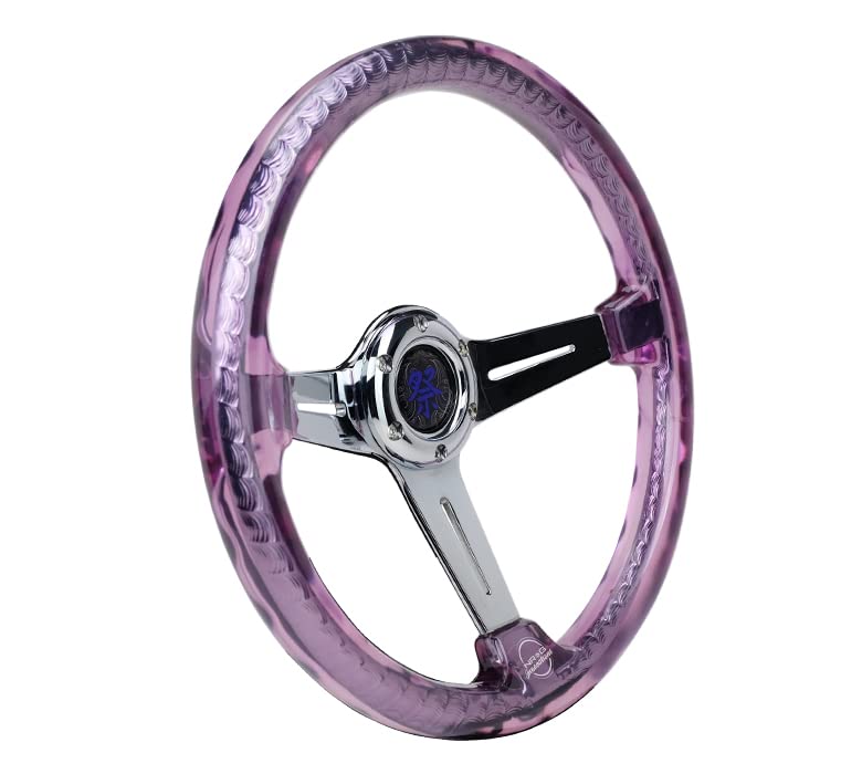 NRG Innovations Reinforced Steering Wheel NRG-RST-027CH-PP 350mm 2" Deep Dish Clear Acrylic Steering Wheel in Purple and Chrome Spoke Finish with Slits