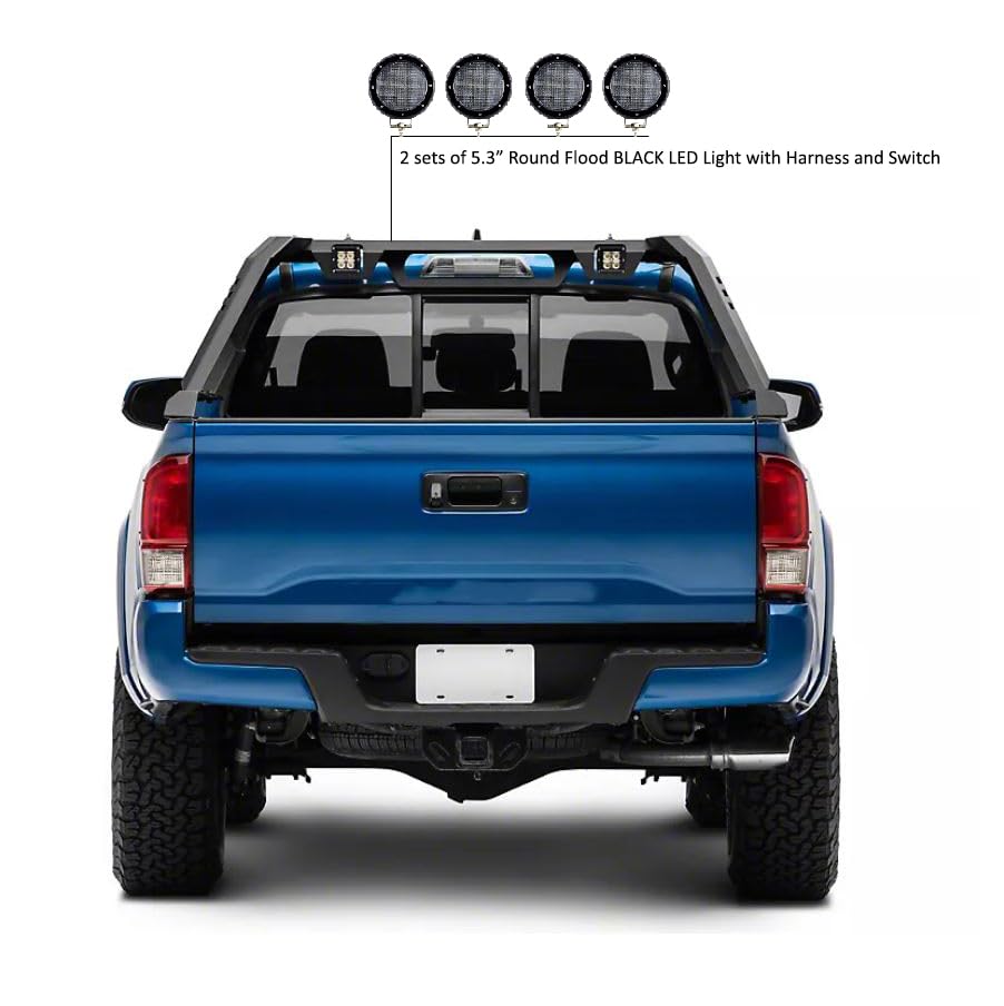 Vigor Black Horse Roll Bar Incl. Set of 5.3" Dia.led Lights w/Black Trim Rings Modular Compatible with 2005-2024 Toyota Tacoma-VIRB06B-PLFB