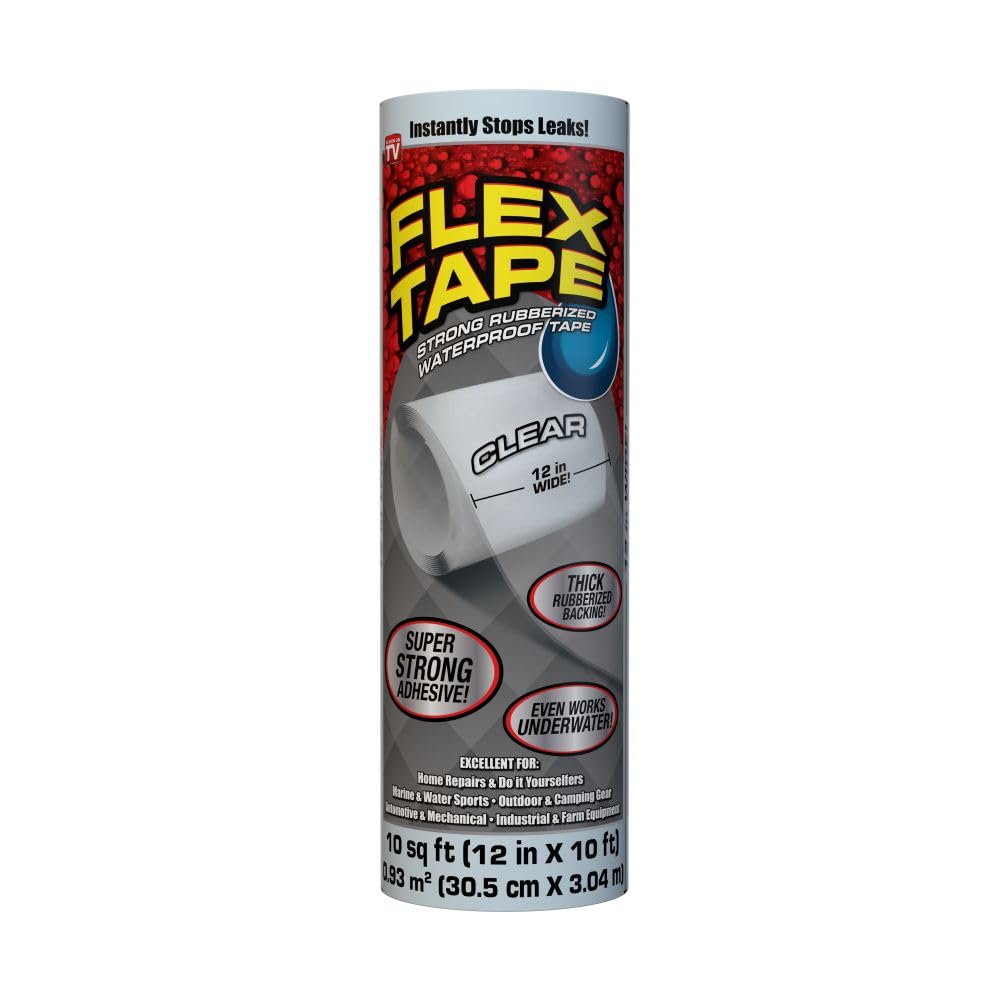 Original Flex Tape, Thick Flexible Rubberized Waterproof Tape - Seal and Patch Leaks, Works Underwater, Indoor Outdoor - Home RV Roof Plumbing and Pool Repairs, Clear, 12 in x 10 ft, Pack of 1